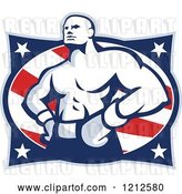 Vector Clip Art of Retro Muscular Boxer over American Stars and Stripes by Patrimonio
