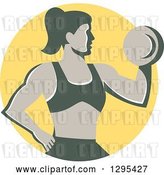 Vector Clip Art of Retro Muscular Fit Lady Working out with a Dumbbell and Doing Bicep Curls in a Yellow Circle by Patrimonio