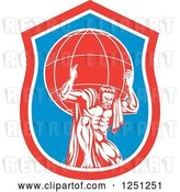 Vector Clip Art of Retro Muscular Guy, Atlas, Carrying a Globe in a Blue and Red Shield by Patrimonio