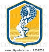 Vector Clip Art of Retro Muscular Guy, Atlas, Carrying a Globe in a Blue and Yellow Shield by Patrimonio