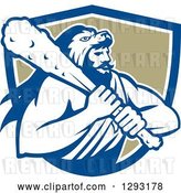 Vector Clip Art of Retro Muscular Guy, Hercules, Wearing a Lion Skin and Holding a Club in a Blue White and Tan Shield by Patrimonio
