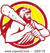 Vector Clip Art of Retro Muscular Guy, Hercules, Wearing a Lion Skin and Holding a Club in a Red White and Yellow Circle by Patrimonio