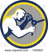 Vector Clip Art of Retro Muscular Guy Opening a Safe in a Blue Yellow and Gray Circle by Patrimonio