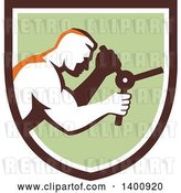 Vector Clip Art of Retro Muscular Guy Opening a Safe in a Brown White and Green Shield by Patrimonio