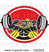 Vector Clip Art of Retro Muscular Knight Doing Squats and Working out with a Barbell in a Red and White Oval by Patrimonio