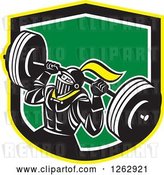 Vector Clip Art of Retro Muscular Knight Doing Squats and Working out with a Barbell in a Yellow Black White and Green Shield by Patrimonio