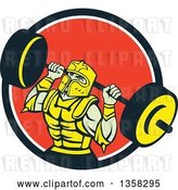 Vector Clip Art of Retro Muscular Knight in Full Armor, Doing Squats and Working out with a Barbell in a Black White and Red Circle by Patrimonio