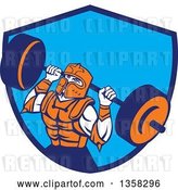Vector Clip Art of Retro Muscular Knight in Full Armor, Doing Squats and Working out with a Barbell in a Blue Shield by Patrimonio