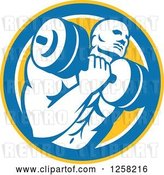 Vector Clip Art of Retro Muscular Male Bodybuilder Lifting Weights in a Yellow Blue and White Circle by Patrimonio