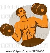 Vector Clip Art of Retro Muscular Male Crossfit Bodybuilder with Dumbbells Emerging from a Taupe Circle by Patrimonio