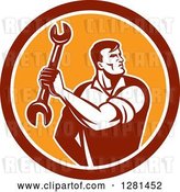 Vector Clip Art of Retro Muscular Male Mechanic Holding a Wrench in a Red White and Orange Circle by Patrimonio