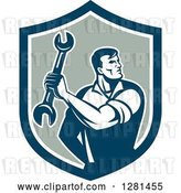 Vector Clip Art of Retro Muscular Male Mechanic Holding a Wrench in a Shield by Patrimonio