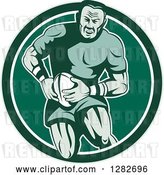 Vector Clip Art of Retro Muscular Male Rugby Player Running in a Green and White Circle by Patrimonio