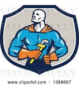 Vector Clip Art of Retro Muscular Super Hero Plumber Holding a Monkey Wrench in a Blue White and Taupe Shield by Patrimonio