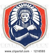 Vector Clip Art of Retro Native American Chief with a Feather Headdress in a Shield by Patrimonio