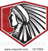 Vector Clip Art of Retro Native American Chief with a Feather Headdress in Profile over a Red Shield by Patrimonio