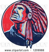 Vector Clip Art of Retro Native American Indian Chief in a Feathered Headdress, Looking up in a Circle by Patrimonio