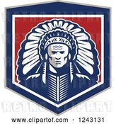 Vector Clip Art of Retro Native American Indian Chief with a Feather Headdress in a Shield by Patrimonio