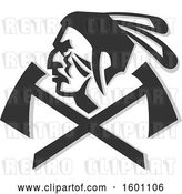 Vector Clip Art of Retro Native American Warrior Face in Profile over Crossed Tomahawks by Patrimonio