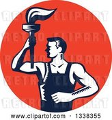 Vector Clip Art of Retro Navy Blue and White Woodcut Revolution Male Worker Holding a Torch in a Red Circle by Patrimonio