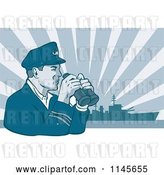 Vector Clip Art of Retro Navy Captain Holding Binoculars Against a Ship and Rays by Patrimonio
