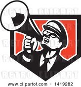 Vector Clip Art of Retro Nerdy Guy Shouting Upwards with a Megaphone in a Black White and Red Shield by Patrimonio
