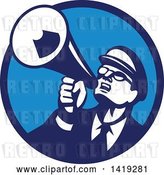 Vector Clip Art of Retro Nerdy Guy Shouting Upwards with a Megaphone in a Blue Circle by Patrimonio