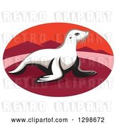 Vector Clip Art of Retro New Zealand Fur Seal on a Red Beach with Mountains in an Oval by Patrimonio