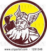 Vector Clip Art of Retro Norse Mythology God Odin with a Crow in a Brown White and Yellow Circle by Patrimonio
