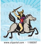 Vector Clip Art of Retro Norse Valkyrie Warrior with a Spear on Horseback Against a Sky by Patrimonio