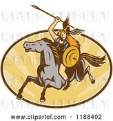 Vector Clip Art of Retro Norse Valkyrie Warrior with a Spear on Horseback over an Oval of Rays 2 by Patrimonio