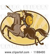 Vector Clip Art of Retro Norse Valkyrie Warrior with a Spear on Horseback over an Oval of Rays 3 by Patrimonio