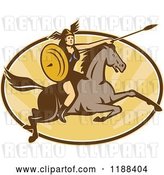 Vector Clip Art of Retro Norse Valkyrie Warrior with a Spear on Horseback over an Oval of Rays 4 by Patrimonio