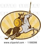 Vector Clip Art of Retro Norse Valkyrie Warrior with a Spear on Horseback over an Oval of Rays 5 by Patrimonio