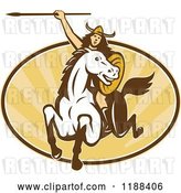 Vector Clip Art of Retro Norse Valkyrie Warrior with a Spear on Horseback over an Oval of Rays by Patrimonio