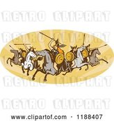 Vector Clip Art of Retro Norse Valkyrie Warriors with Spears on Horseback in an Oval of Rays by Patrimonio