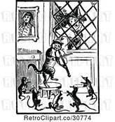 Vector Clip Art of Retro Old Lady Watching Her Fiddle Cat and Dancing Mice by Prawny Vintage