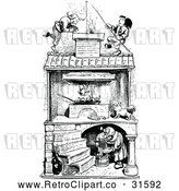 Vector Clip Art of Retro Old Woman Roasting Chickens with Men on the Roof by Prawny Vintage
