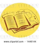 Vector Clip Art of Retro Open Book on Top of a Tail Map in an Oval by Patrimonio