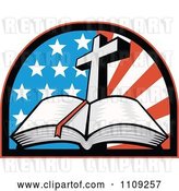 Vector Clip Art of Retro Open Holy Bible with a Cross over an American Flag Arch by Patrimonio