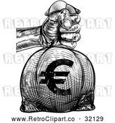 Vector Clip Art of Retro or Woodcut Styled Hand Holding out a Burlap Euro Money Bag Sack to Pay Taxes by AtStockIllustration
