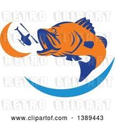 Vector Clip Art of Retro Orange and Blue Barramundi Asian Sea Bass Fish Jumping and Swallowing a Helicopter by Patrimonio