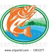 Vector Clip Art of Retro Orange and White Walleye Fish Jumping in an Oval with a Lake Front Cabin by Patrimonio