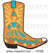 Vector Clip Art of Retro Orange Aztec Style Cowboy Boot with Blue and Yellow Accents Around a Bird by Andy Nortnik