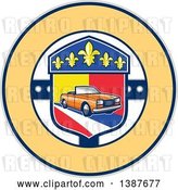 Vector Clip Art of Retro Orange Convertible Coupe Car in a French Coat of Arms with Fleur De Lis Flowers in a Circle by Patrimonio