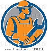 Vector Clip Art of Retro Orange Male Construction Worker Holding a Giant Wrench in a Blue White and Gray Circle by Patrimonio