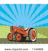 Vector Clip Art of Retro Orange Tractor in a Field 2 by Patrimonio
