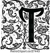 Vector Clip Art of Retro Ornate Letter T with Vines by Prawny Vintage