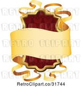 Vector Clip Art of Retro Ornate Red Shield and Gold Banner Frame with Copyspace by AtStockIllustration
