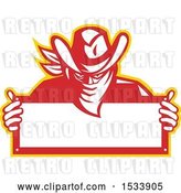 Vector Clip Art of Retro Outlaw Wearing a Bandana over His Face and Holding a Blank Sign by Patrimonio